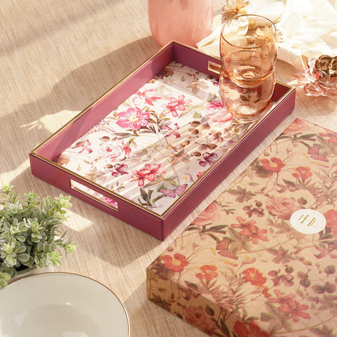 Pink Floral Print Rectangular Faux Leather Tray