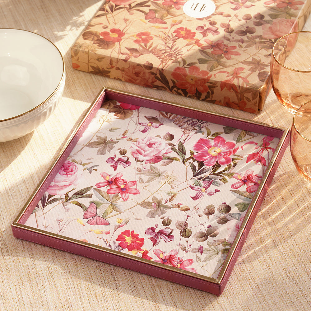 Pink Floral Print Faux Leather Platter