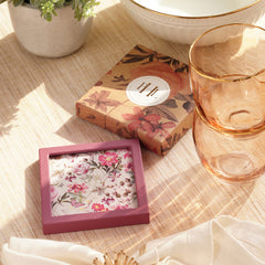 Pink Floral Print Faux Leather Coaster