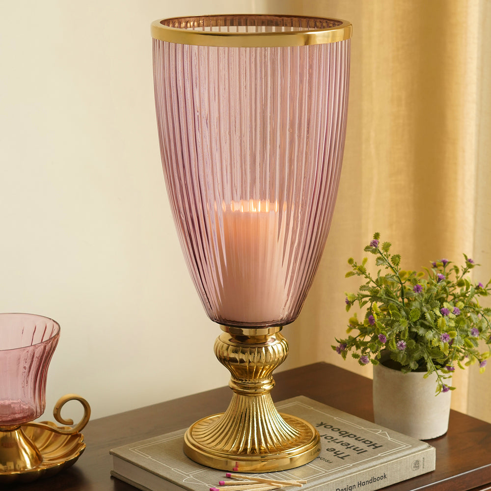 Pink Ribbed Tall Glass Hurricane with Stand - Large
