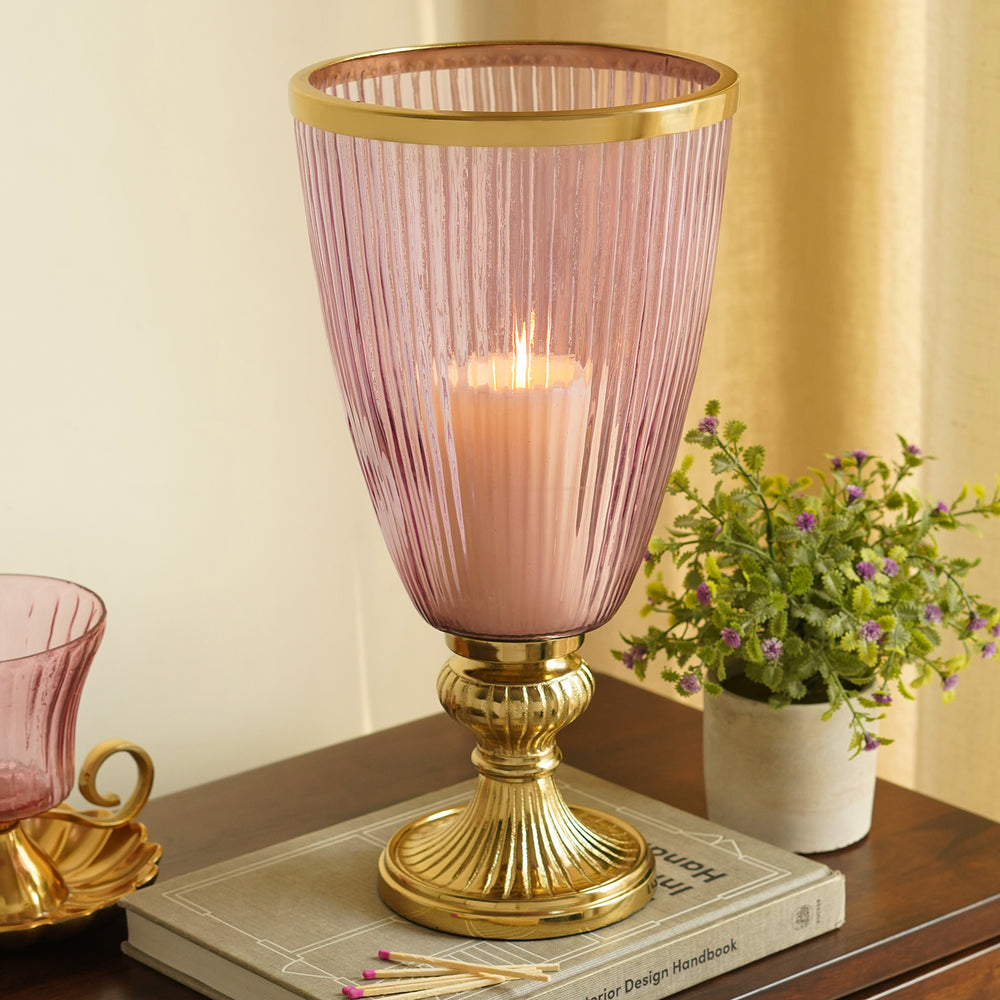 Pink Ribbed Tall Glass Hurricane with Stand - Medium