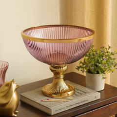 Pink Ribbed Decorative Glass Bowl with Stand - Large