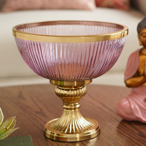 Pink Ribbed Decorative Glass Bowl with Stand - Small