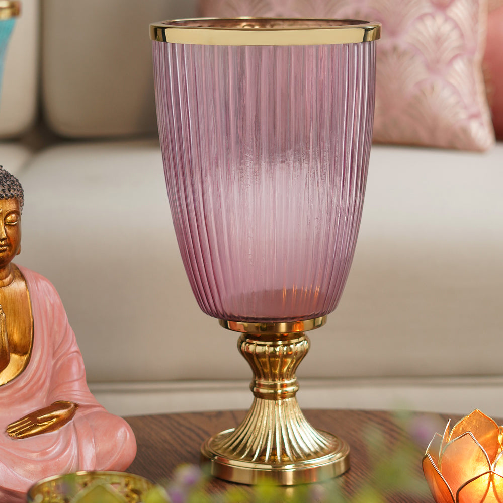 Pink Ribbed Glass Hurricane Candle Holder - Small