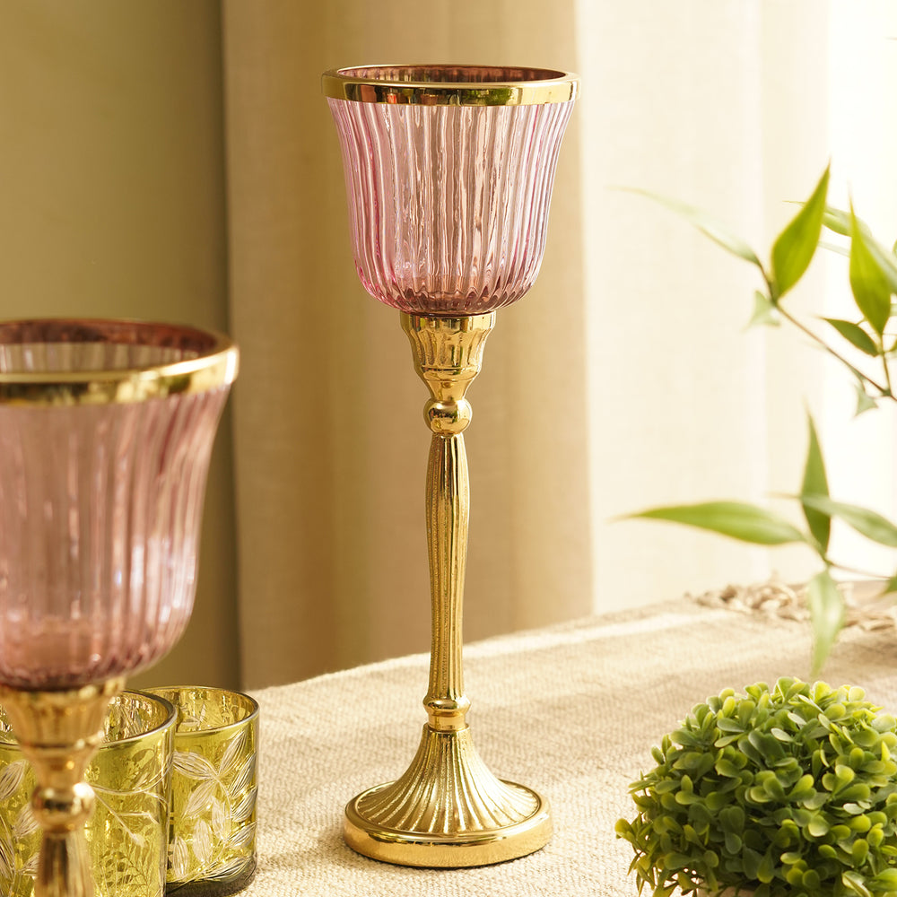 Pink Glass Ribbed Hurricane Candle Holder - Large