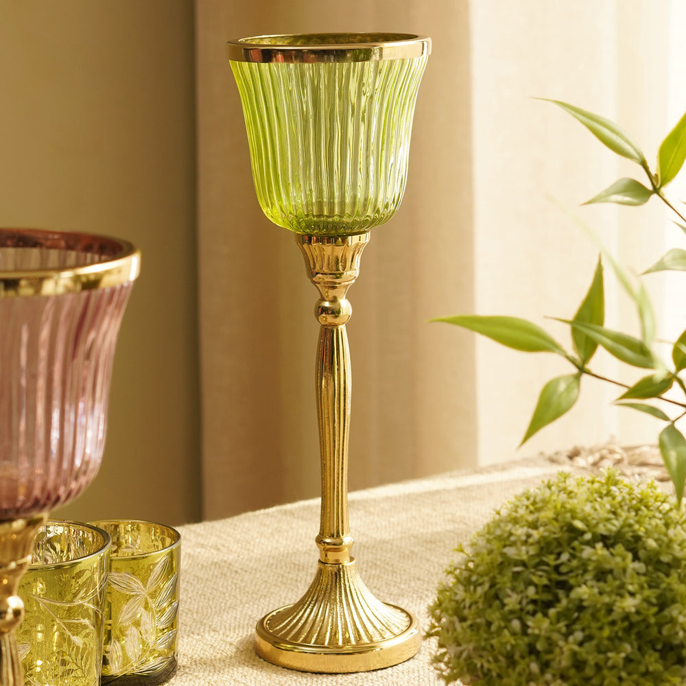 Green Ribbed Glass Hurricane Candle Holder - Large