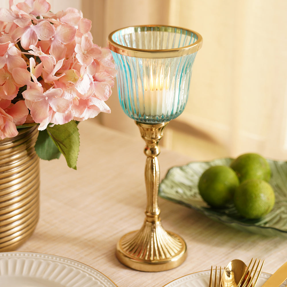 Blue Ribbed Tall Glass Hurricane - Small