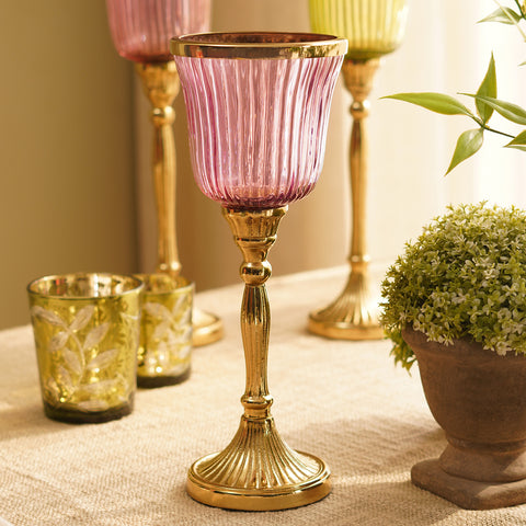 Pink Ribbed Glass Hurricane Candle Holder - Small