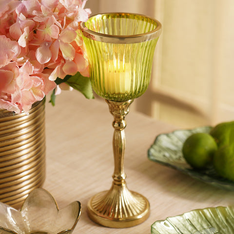 Green Ribbed Tall Glass Hurricane - Small