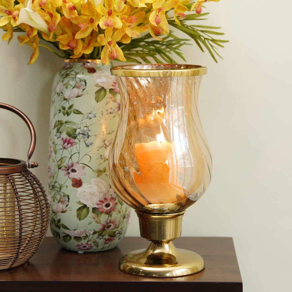 Gold Swirl Textured Glass Hurricane with Stand - Large