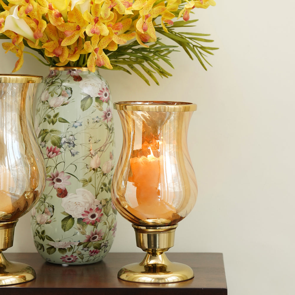 Gold Swirl Textured Glass Hurricane with Stand - Small
