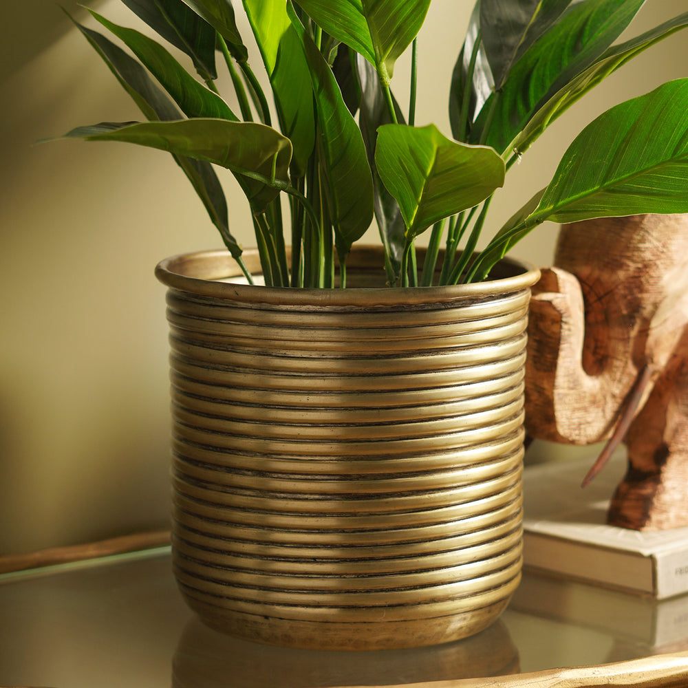 Brown Antique Finish Ribbed Aluminium Planter - Small