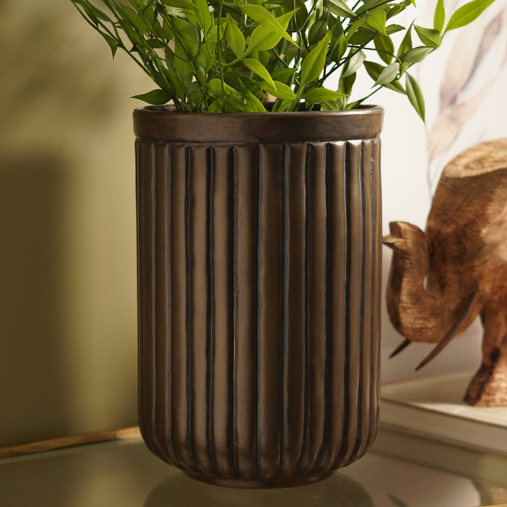 Dark Brown Ribbed Aluminium Planter - Medium
