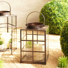 Brown Antique Finish Metal Square Lantern - Small