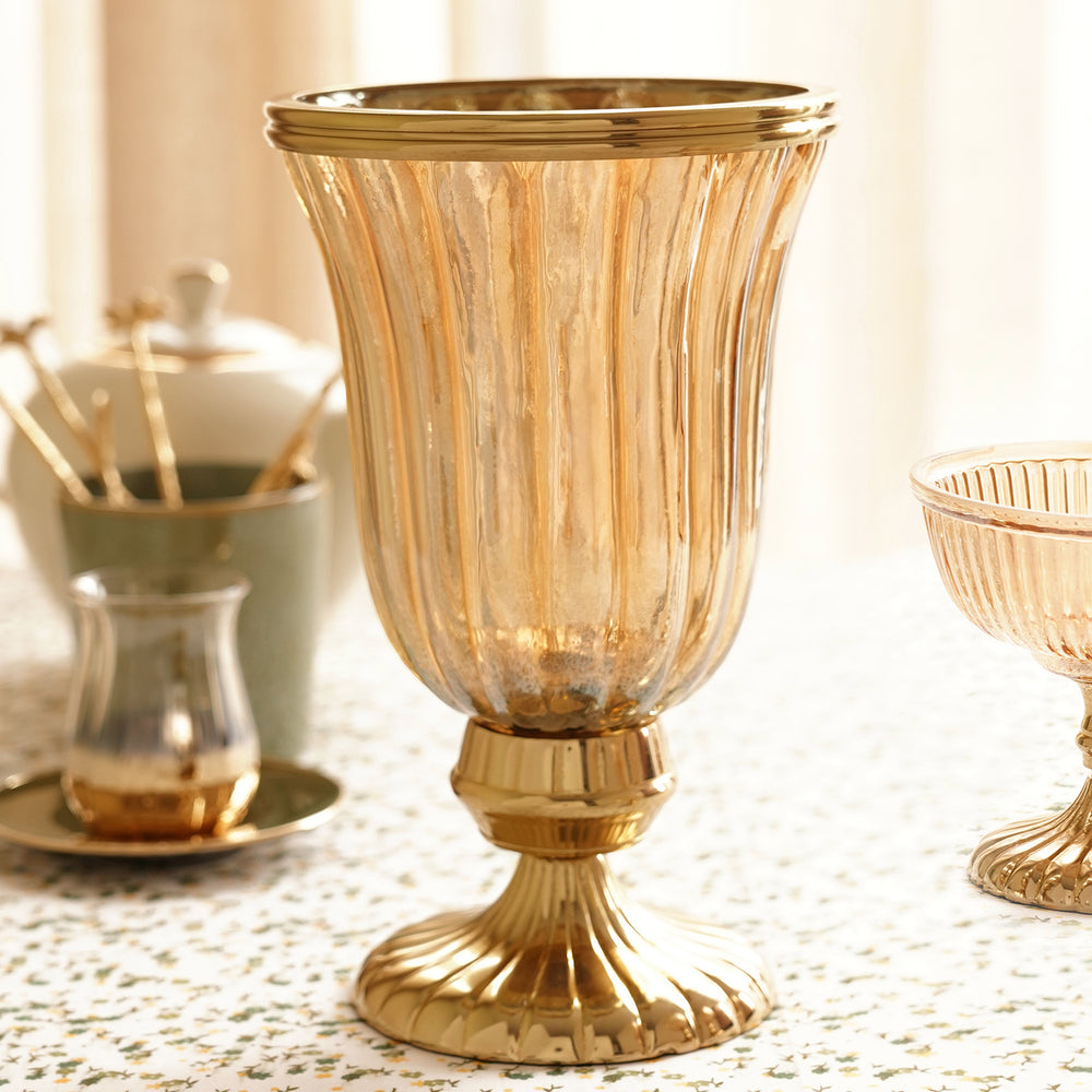 Gold Ribbed Hurricane with Short Stand - Small