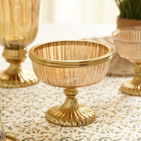 Gold Ribbed Glass Decorative Bowl with Stand - Small