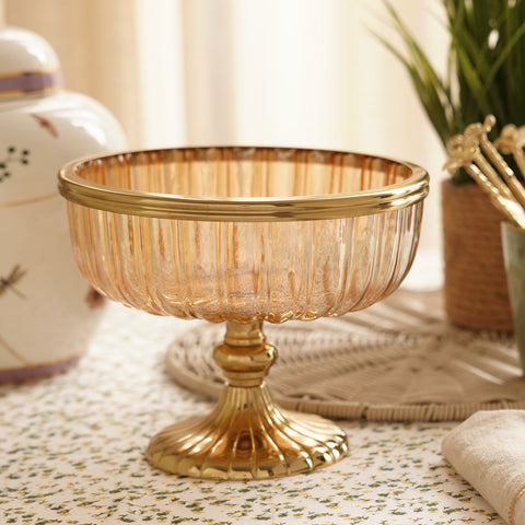 Gold Ribbed Glass Decorative Bowl with Stand