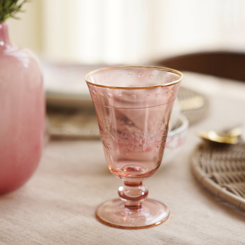 Set of 2 Light Pink Floral Etching Wine Glasses