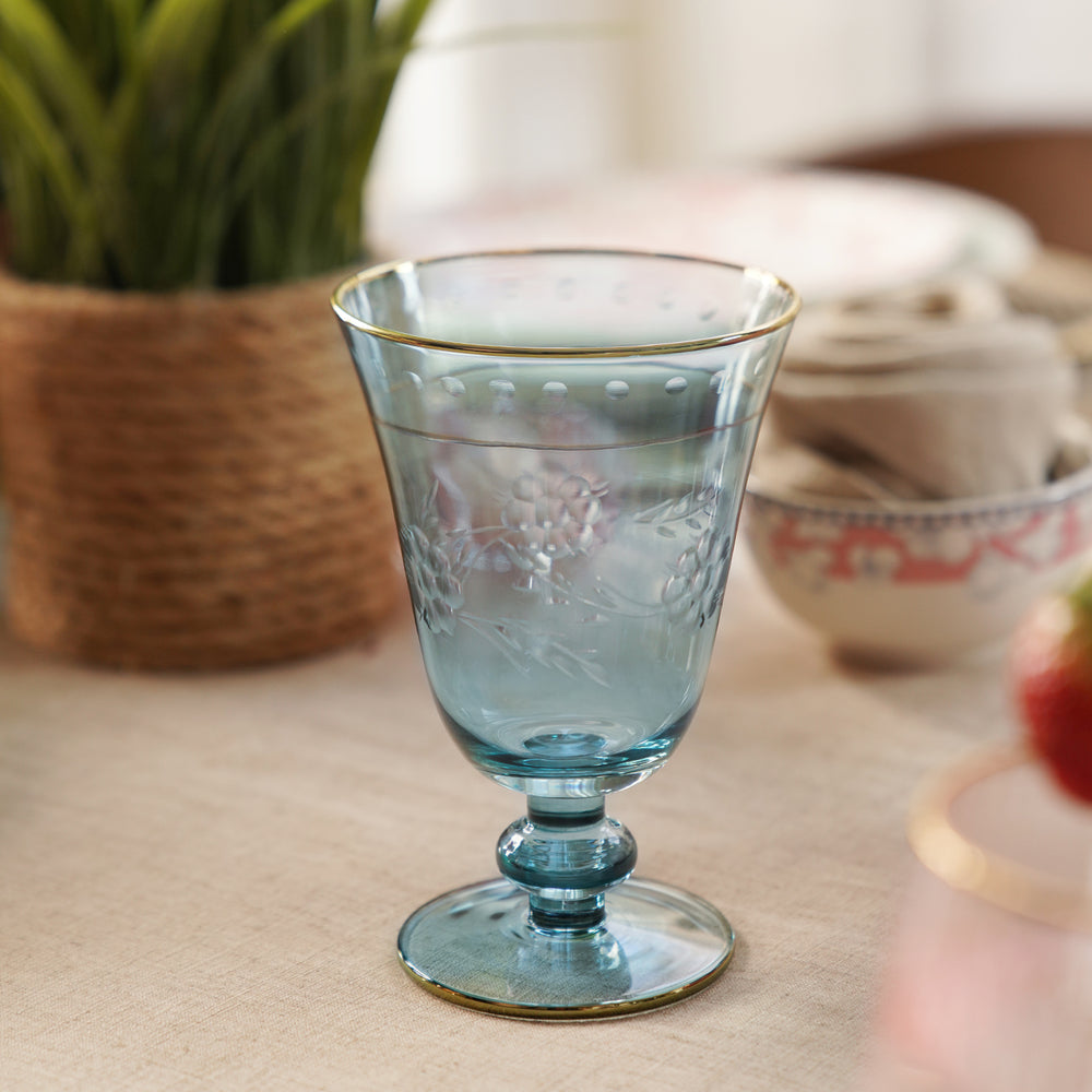 Set of 2 Light Blue Floral Etching Wine Glasses