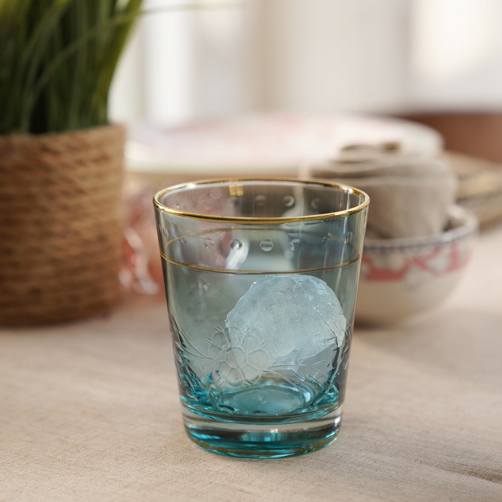 Set of 2 Light Blue Floral Etching Drinking Glasses