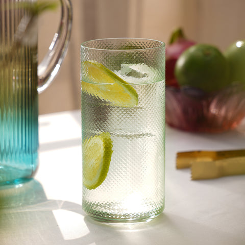 Set of 2 Green Check Textured High Ball Glasses