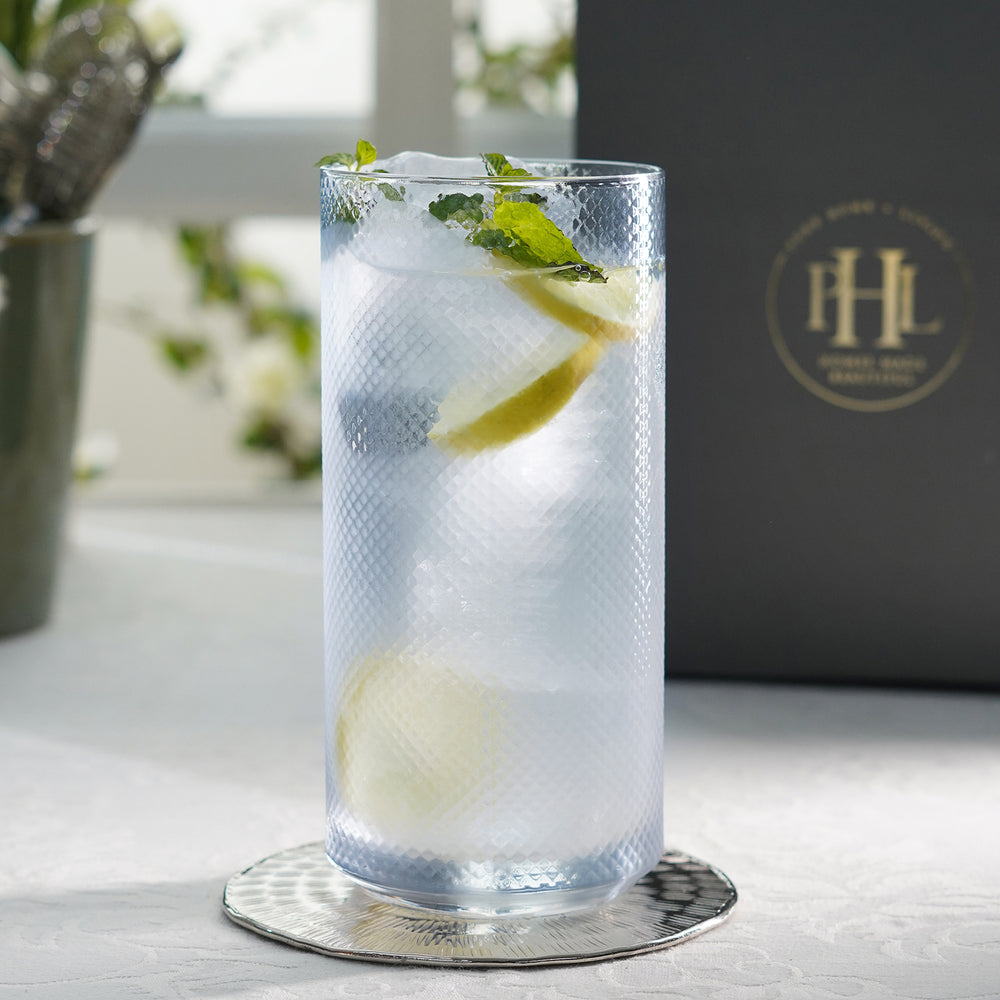 Set of 2 Blue Check Textured High Ball Glasses