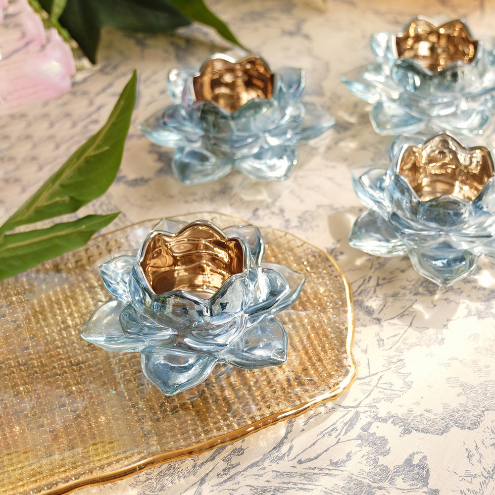 Set of 2 Blue Lotus Shaped Tealight Holders