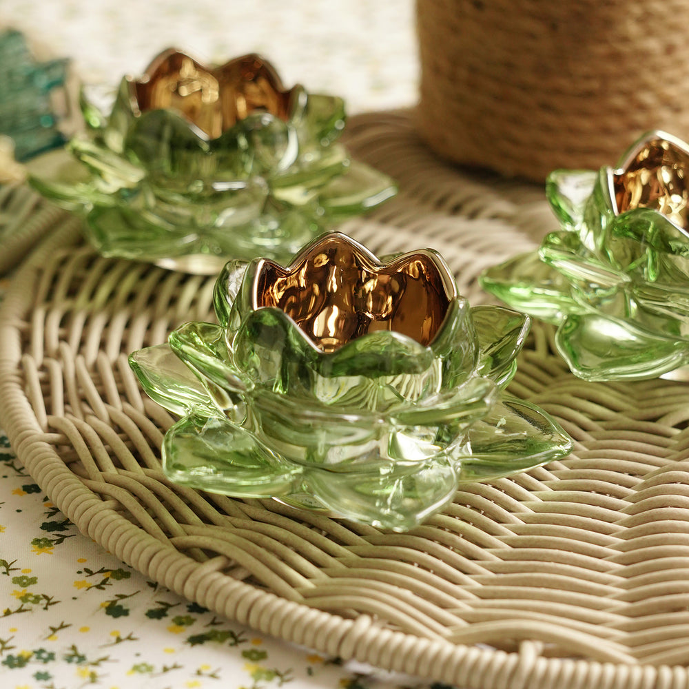Set of 2 Green Lotus Shaped Tealight Holders