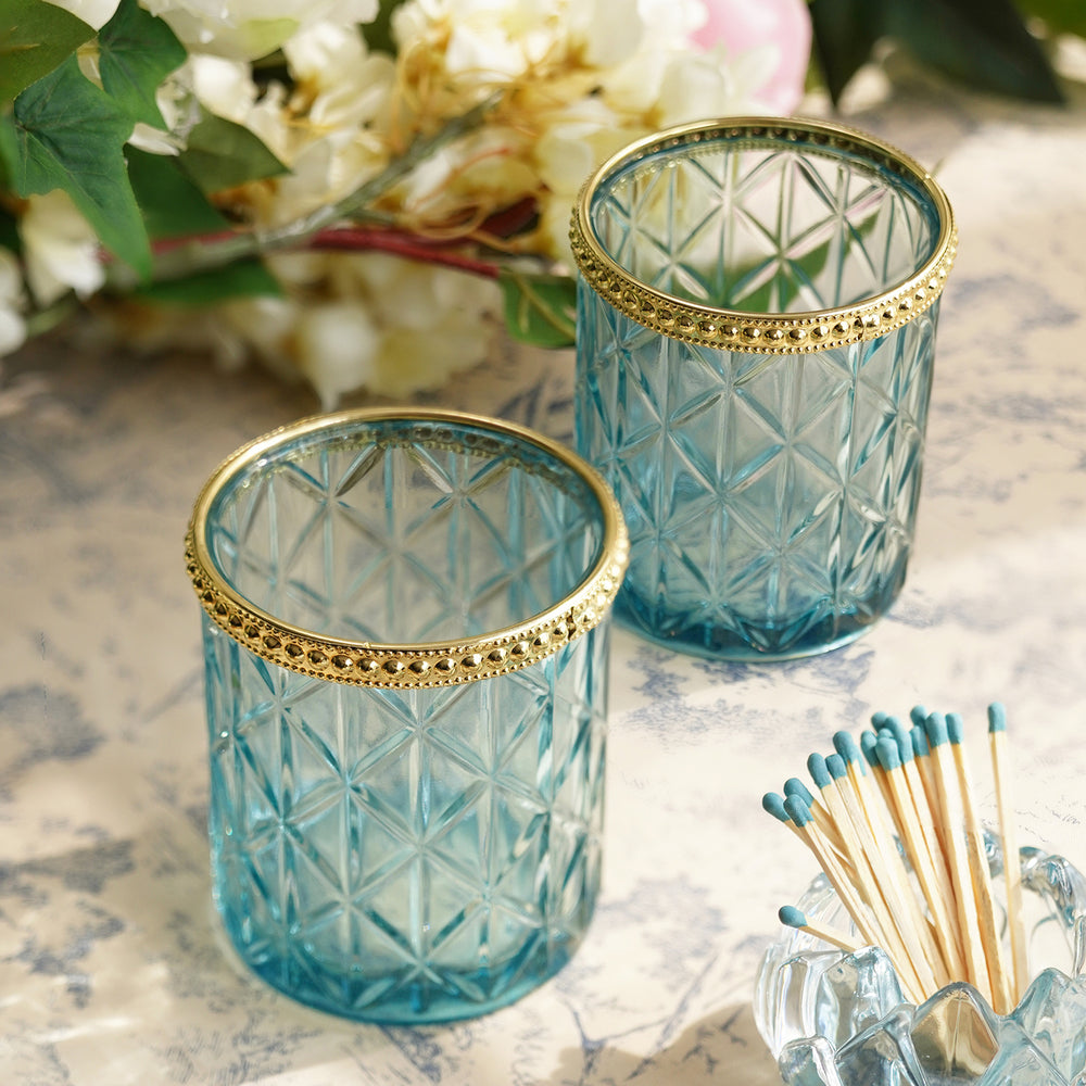Set of 2 Blue Diamond Texture Tea-Light Holders