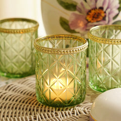 Set of 2 Green Diamond Texture Tea-Light Holders