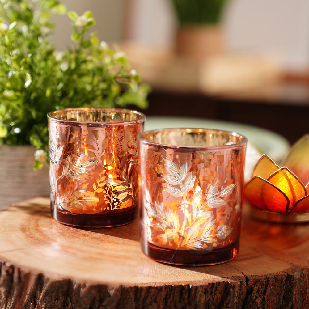 Set Of 2 Pink Floral Pattern Glass Votives