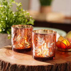 Set Of 2 Pink Floral Pattern Glass Votives