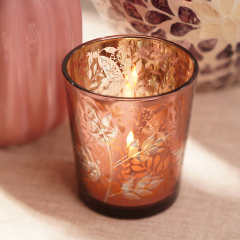 Set of 2 Pink Floral Pattern Glass Votive