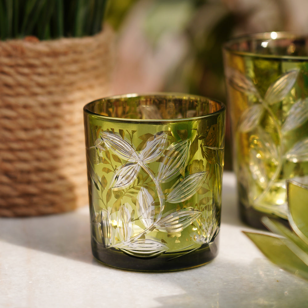 Set of 2 Green Leaf Pattern Glass Votives - Small