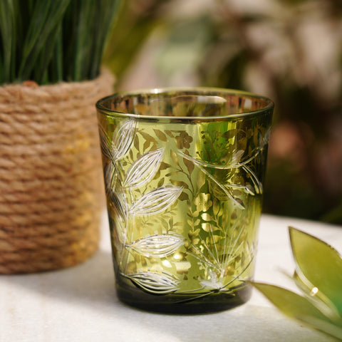 Set of 2 Green Leaf Pattern Glass Votives - Large