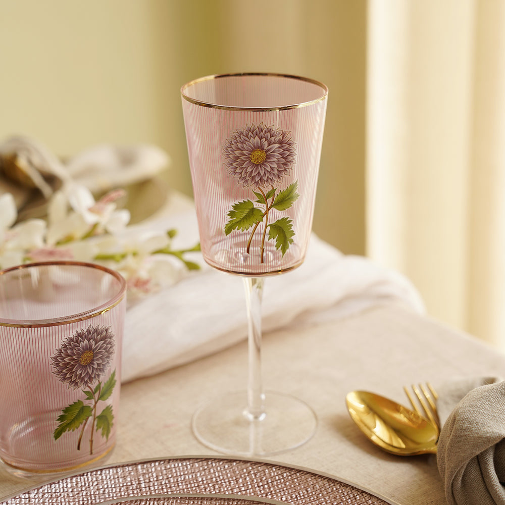 Set of 2 Red & Clear Floral Print Striped Wine Glasses