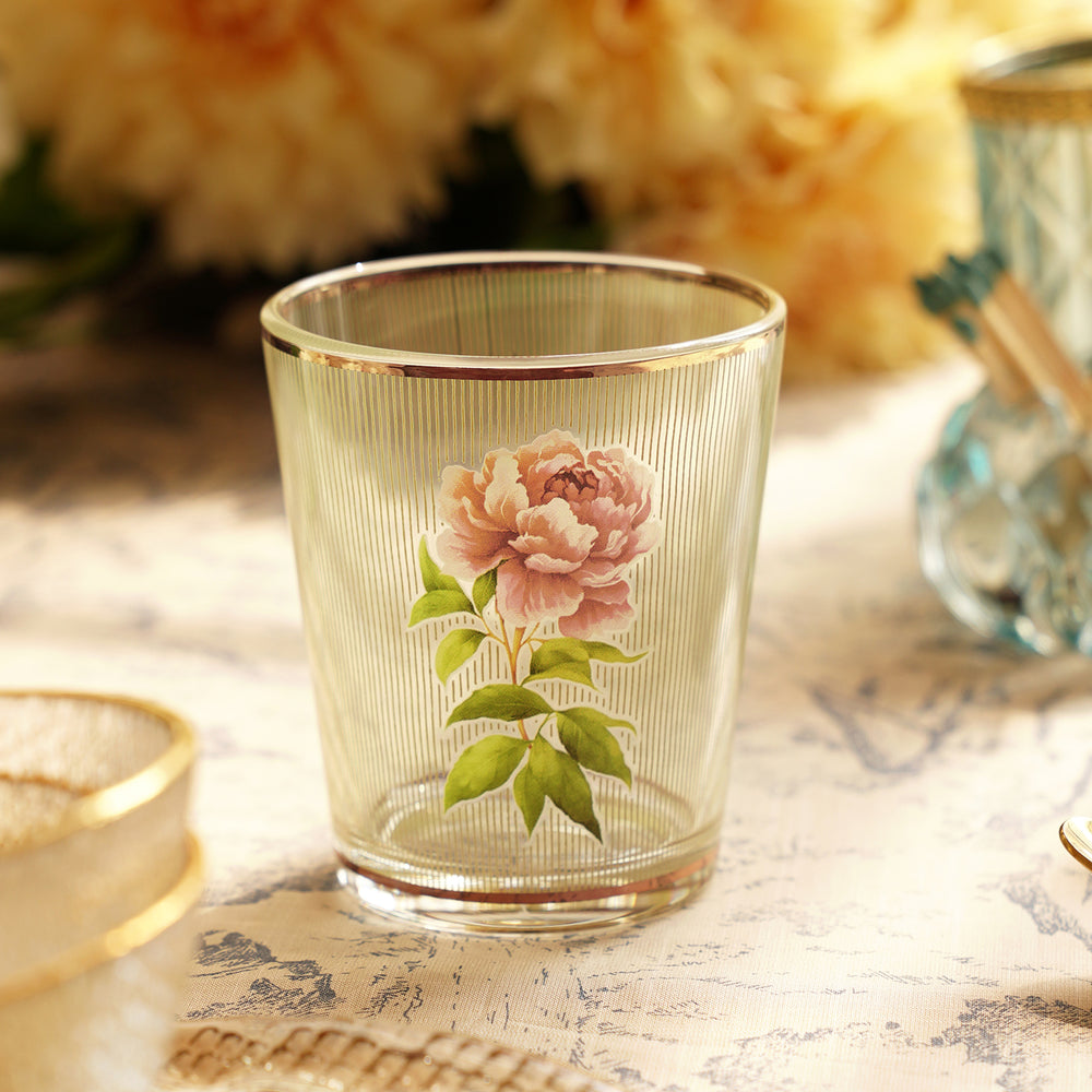 Set of 2 Green Clear Floral Print Striped Drinking Glasses