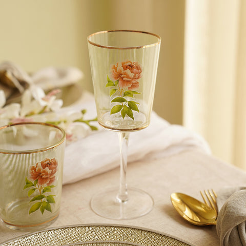 Set of 2 Green & Clear Floral Print Striped Wine Glasses