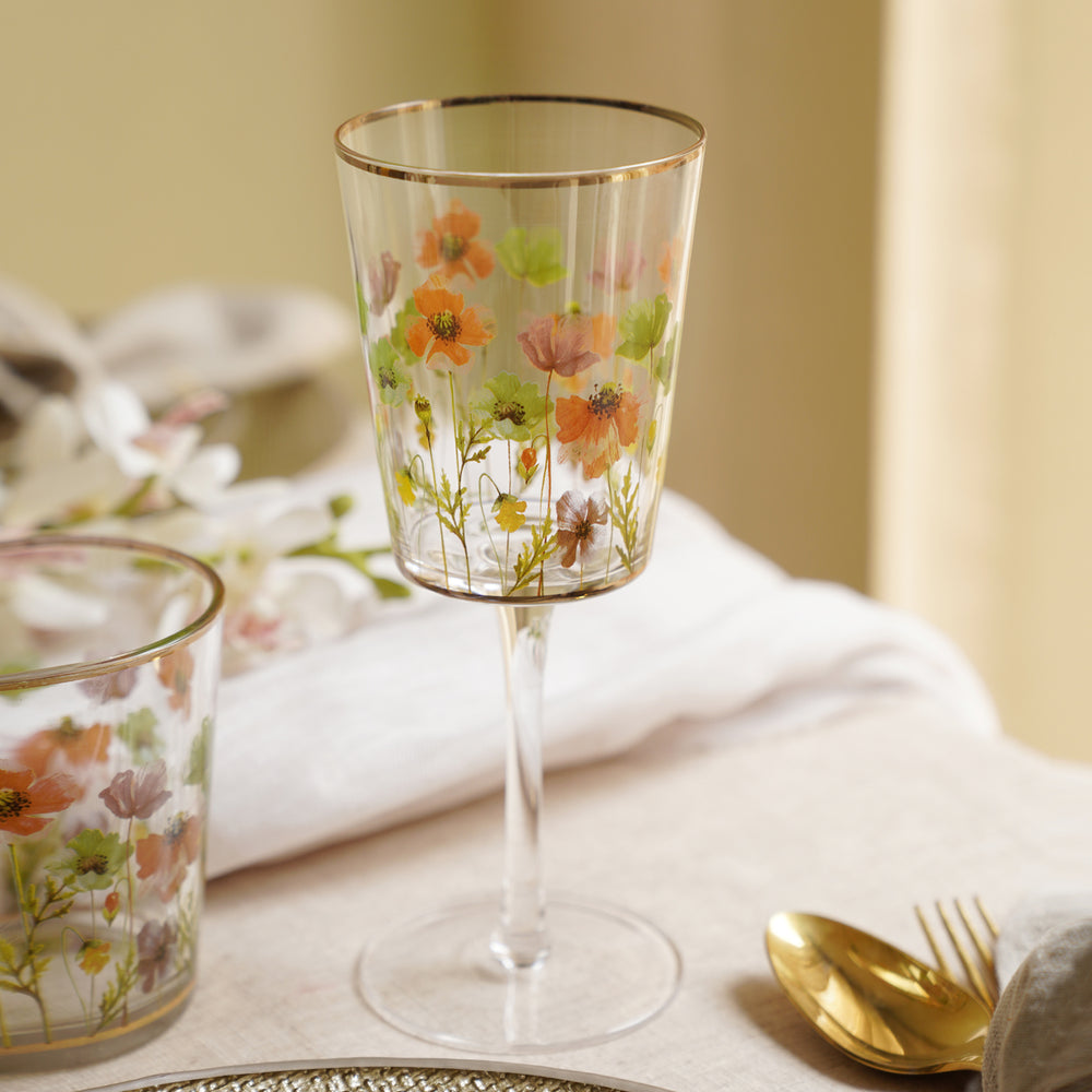 Set of 2 Orange & Green Floral Print Wine Glasses