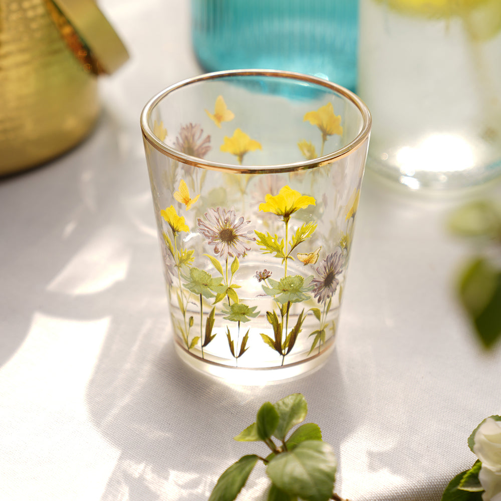 Set of 2 Clear & Yellow Floral Print Drinking Glasses