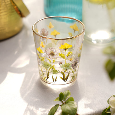 Set of 2 Clear & Yellow Floral Print Drinking Glasses