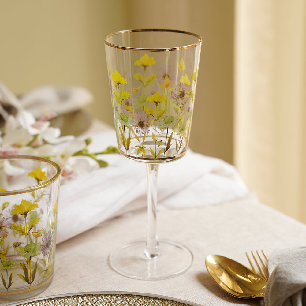 Set of 2 Clear & Yellow Floral Print Wine Glasses