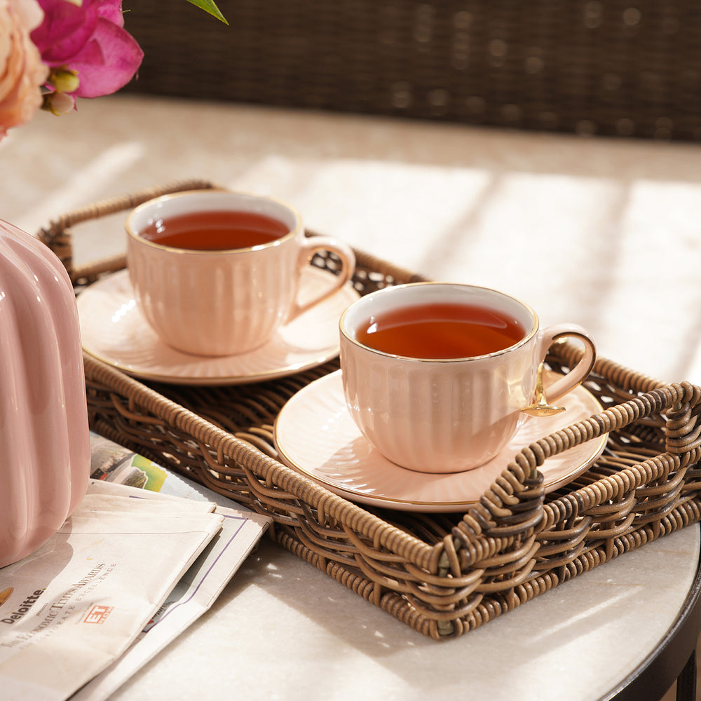 Set of 2 Pink Ceramic Ribbed Cups and Saucers