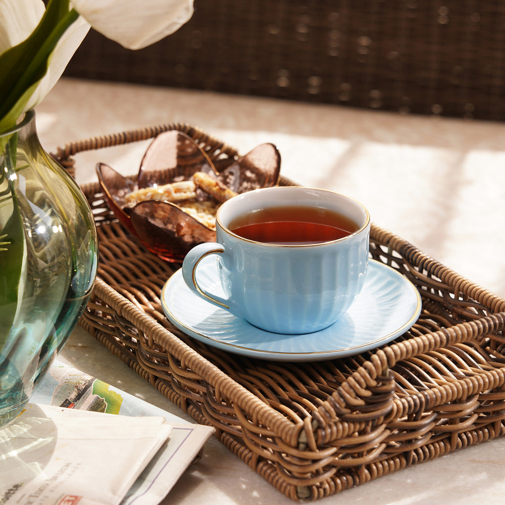 Set of 2 Blue Ceramic Ribbed Cups and Saucers
