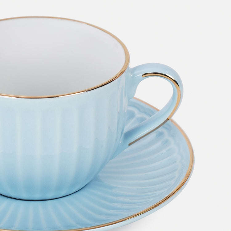Blue Ribbed Cups Shop Set of 2 Blue Ceramic Ribbed Cups and Saucers - at Best Price ...
