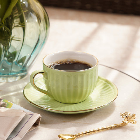 Set of 2 Green Ceramic Ribbed Cups and Saucers