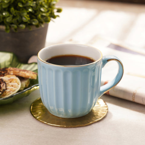 Set of 2 Blue Ceramic Ribbed Coffee Cups