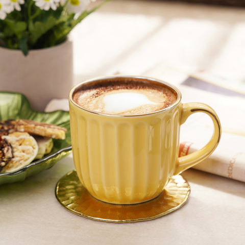 Set of 2 Yellow Ceramic Ribbed Coffee Cups