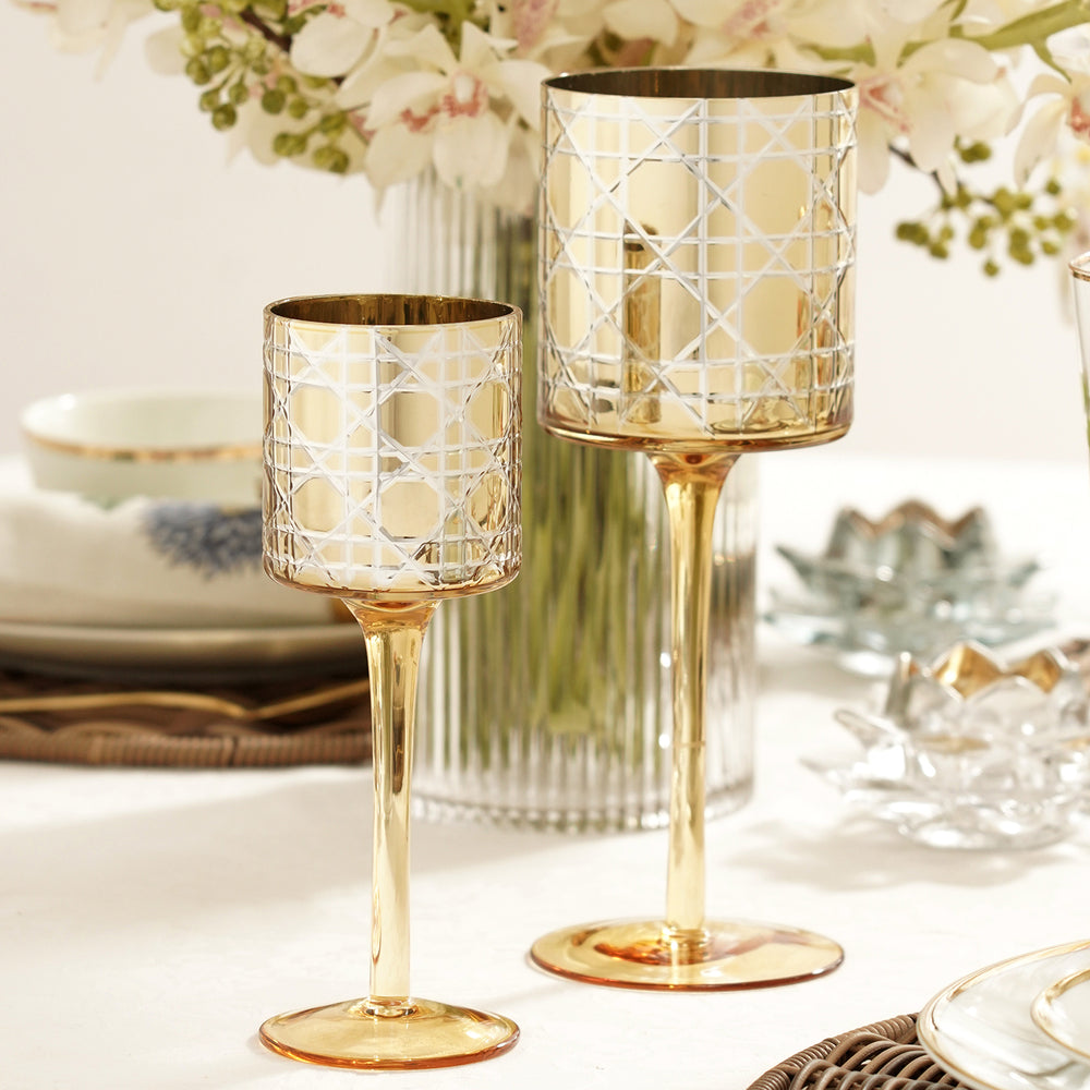 Set of 2 Gold Star Cut Stem Glass Candle Holders