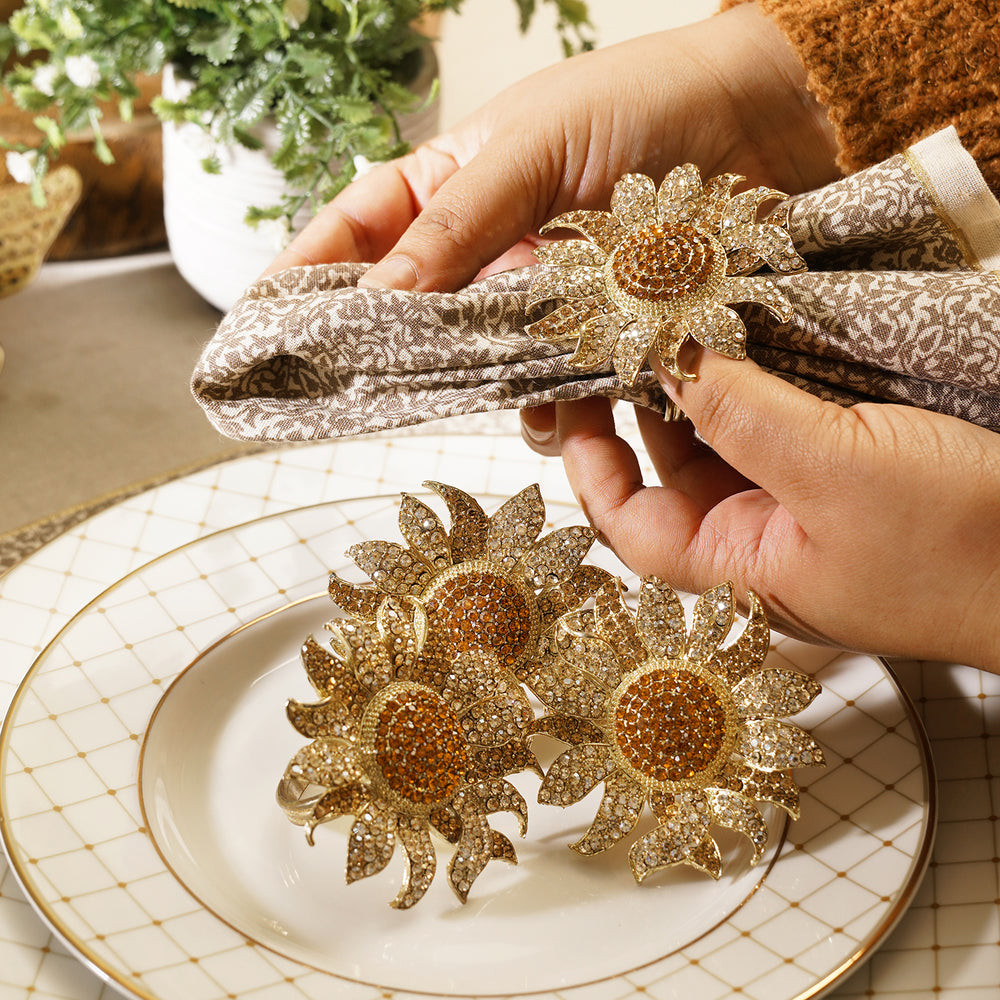 Set of 4 Gold Stone Encrusted Flower Shaped Napkin Rings